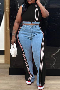 Black Casual Daily Stripe Patchwork Zipper Collar Sleeveless Two Pieces