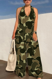 Camouflage Sexy Geometric Camouflage Print Pocket Lace Up Backless Contrast Halter Loose Jumpsuits