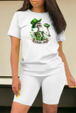 Green White Casual Skull Ombre Rainbow Print Four Leaf Clover O Neck Short Sleeve Two Pieces