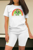Green White Casual Skull Ombre Rainbow Print Four Leaf Clover O Neck Short Sleeve Two Pieces