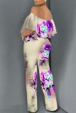 Pink Casual Floral Print Pocket Flounce Contrast Off Shoulder Jumpsuits