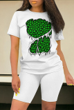 Green White Casual Skull Ombre Rainbow Print Four Leaf Clover O Neck Short Sleeve Two Pieces