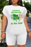 Orange Green Casual Letter Print Four Leaf Clover Contrast O Neck Short Sleeve Two Pieces