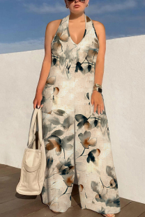 Light Pink Sexy Geometric Camouflage Print Pocket Lace Up Backless Contrast Halter Loose Jumpsuits