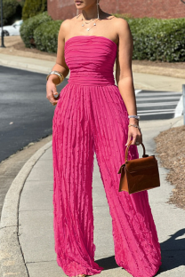 Rose Red Sexy Solid Color Pocket Strapless Loose Jumpsuits
