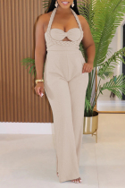 Apricot Sexy Casual Solid Color Hollow Out Patchwork Backless Halter Regular Jumpsuits