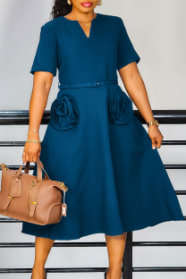 Peacock Blue Elegant Solid Color Pocket With Belt Flower Shape V Neck Long Dresses