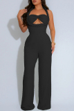 Black Sexy Casual Solid Color Hollow Out Patchwork Backless Halter Regular Jumpsuits