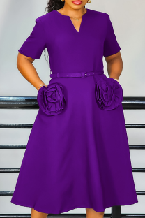 Purple Elegant Solid Color Pocket With Belt Flower Shape V Neck Long Dresses
