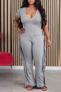 Grey Casual Solid Tassel Patchwork V Neck Skinny Jumpsuits