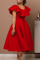 Red Elegant Solid Color Zipper Flounce O Neck Long Dresses