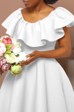 White Elegant Solid Color Zipper Flounce O Neck Long Dresses