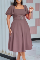 Coffee Elegant Solid Color With Belt Square Neck Long Dresses