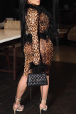 Black Sexy Leopard Print Stripe See-Through Fluffy V Neck Long Sleeve Two Pieces