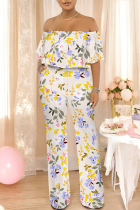 Light Color Sexy Floral Print Pocket Flounce Off Shoulder Loose Jumpsuits