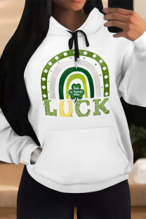 White Yellow Casual Graffiti Print Letters Draw String Pocket Hooded Tops