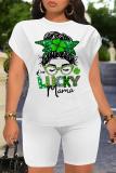Green Orange Casual Letter Print Cartoon Four Leaf Clover O Neck Short Sleeve Two Pieces
