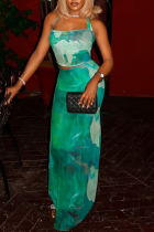 Green Elegant Print Backless Strap Design Halter Sleeveless Two Pieces