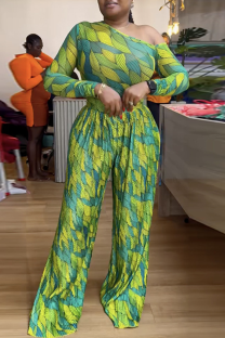 Green Casual Print Pleated Oblique Collar Long Sleeve Two Pieces
