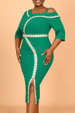 Green Elegant Solid Color Slit Wrapped Skirt Plus Size Dresses