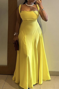 Yellow Elegant Solid Color Patchwork Asymmetrical Collar Long Dresses