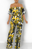 Blue Sexy Floral Print Pocket Flounce Off Shoulder Loose Jumpsuits