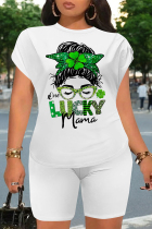 Multicolor Casual Letter Print Cartoon Four Leaf Clover O Neck Short Sleeve Two Pieces