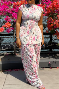 White Pink Casual Print Pleated O Neck Sleeveless Two Pieces