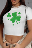 Light Green Casual Print Four Leaf Clover Shamrock Contrast O Neck T-Shirts