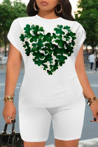 White Green Casual Letter Print Cartoon Four Leaf Clover O Neck Short Sleeve Two Pieces