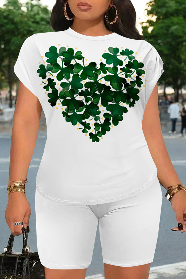 White Green Casual Letter Print Cartoon Four Leaf Clover O Neck Short Sleeve Two Pieces