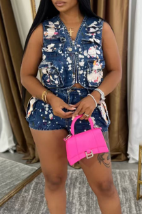 Blue Sexy Print Pocket Zipper V Neck Sleeveless Two Pieces