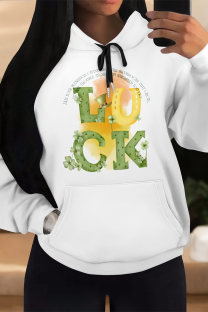 Green Yellow Casual Graffiti Print Letters Draw String Pocket Hooded Tops