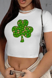 Light Green Casual Print Four Leaf Clover Shamrock Contrast O Neck T-Shirts