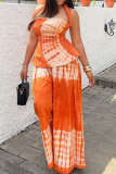 Orange Casual Tie Dye Backless Halter Sleeveless Two Pieces