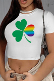 Light Green Casual Print Four Leaf Clover Shamrock Contrast O Neck T-Shirts
