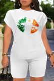 Green Orange Casual Letter Print Cartoon Four Leaf Clover O Neck Short Sleeve Two Pieces