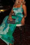 Green Elegant Print Backless Strap Design Halter Sleeveless Two Pieces