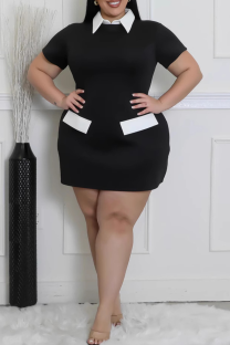 Black Casual Contrast Turndown Collar Long Plus Size Dresses