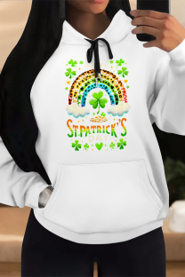 White Green Casual Graffiti Print Letters Draw String Pocket Hooded Tops
