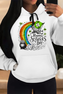 White Green Casual Graffiti Print Letters Draw String Pocket Hooded Tops