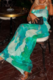 Green Elegant Print Backless Strap Design Halter Sleeveless Two Pieces