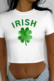 Light Green Casual Print Four Leaf Clover Shamrock Contrast O Neck T-Shirts