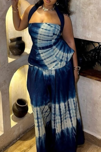 Navy Blue Casual Tie Dye Backless Halter Sleeveless Two Pieces