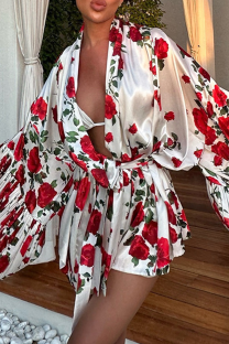 White Red Sexy Print Ruched Strap Design Cardigan Collar Long Sleeve Two Pieces