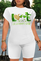 White Casual Letter Print Cartoon Four Leaf Clover O Neck Short Sleeve Two Pieces