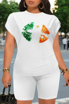 Green Orange Casual Letter Print Cartoon Four Leaf Clover O Neck Short Sleeve Two Pieces