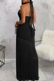 White Sexy Solid Color Fringed Trim Hollow Out Halter Long Dresses