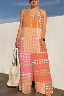 Orange Casual Geometric Print Pocket Lace Up Backless Halter Loose Jumpsuits