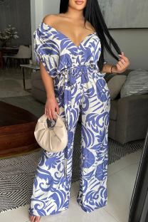 Blue Casual Print Strap Design V Neck Loose Jumpsuits